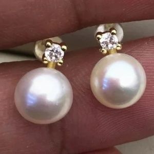 8mm White Cultured Pearl Stud Earrings - 14K Yellow Gold Plate - CZ Accents